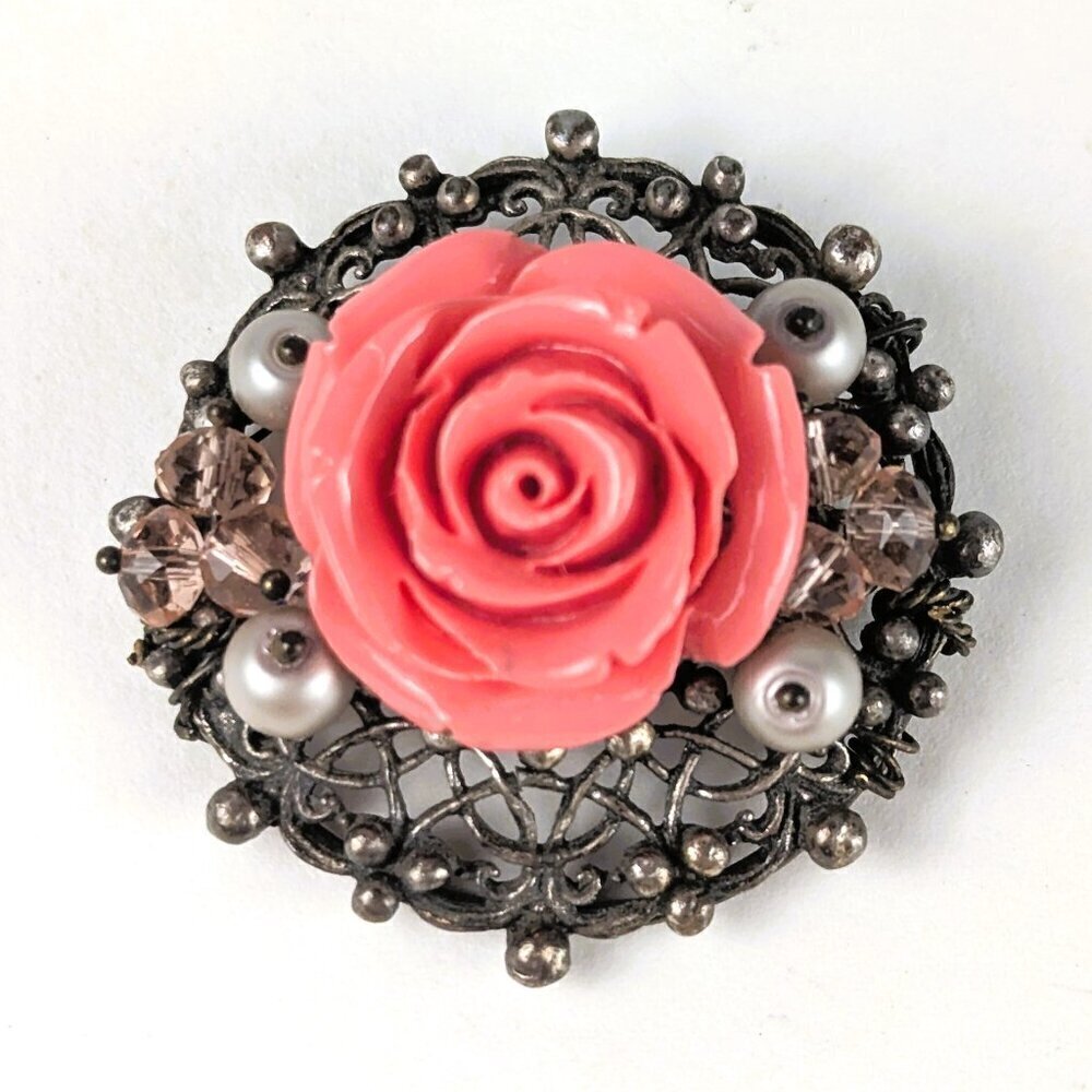 Large Pink Rose Beaded Brooch